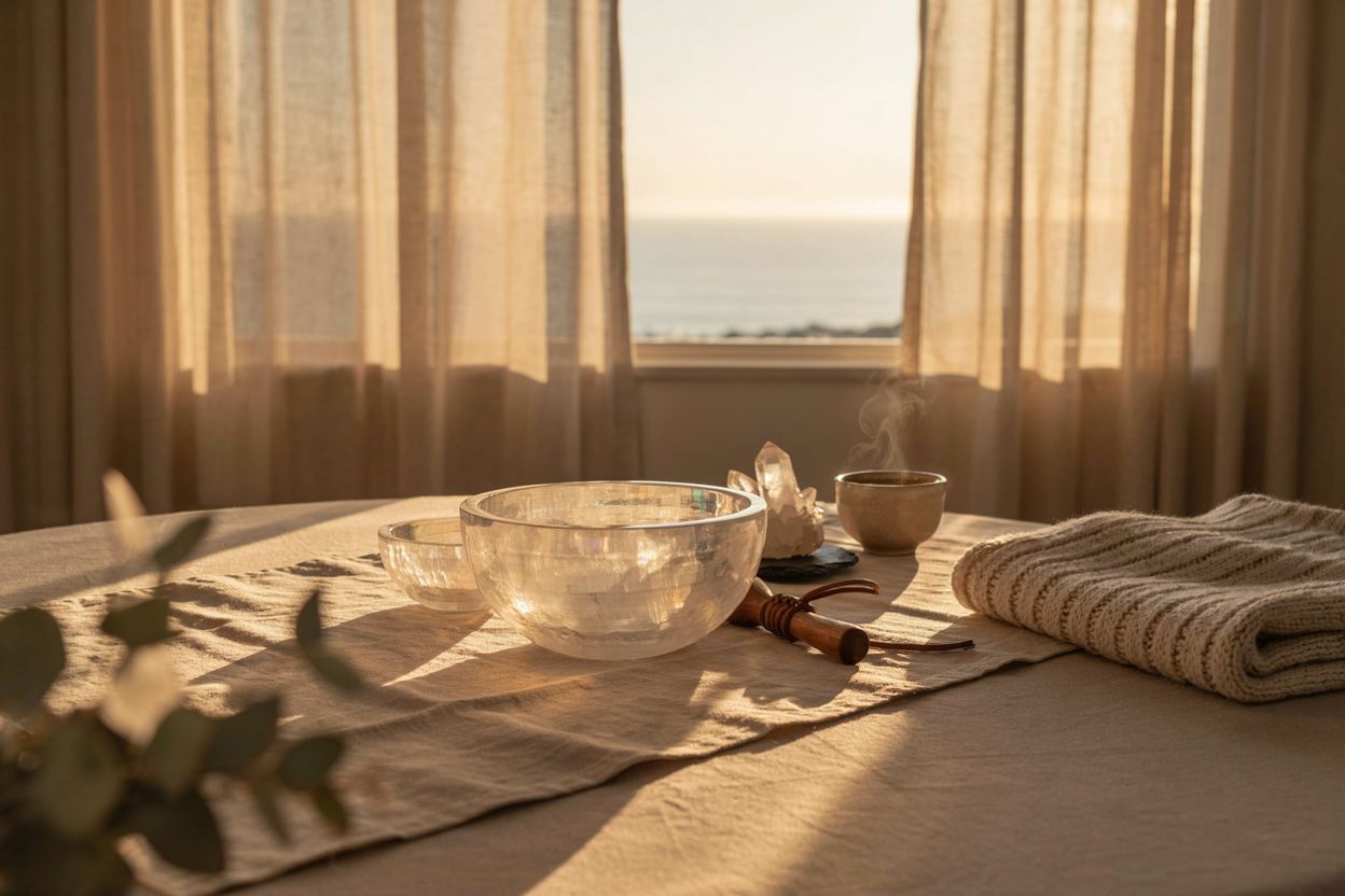 Crystal singing bowls, crystals, and tea on a sunlit coastal windowsill
