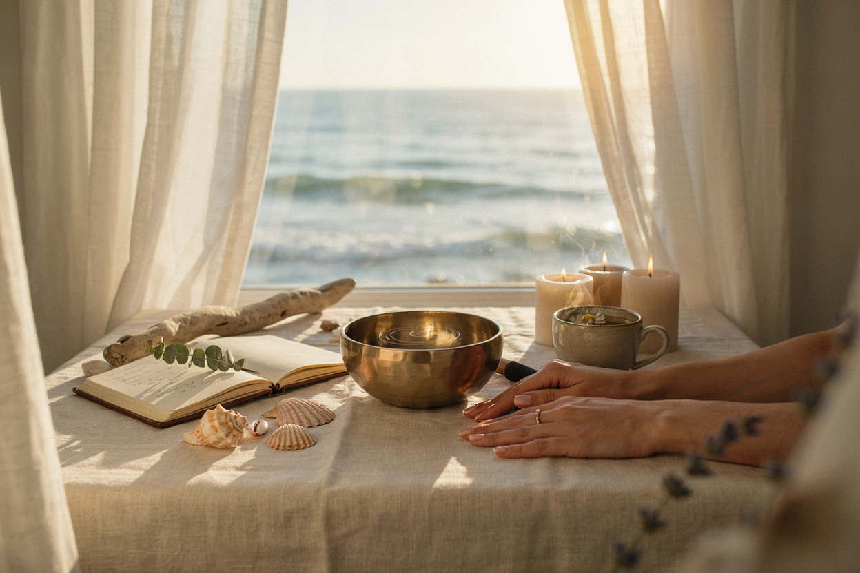 A brass singing bowl, journal, candles, and seashells on a sunlit coastal windowsill
