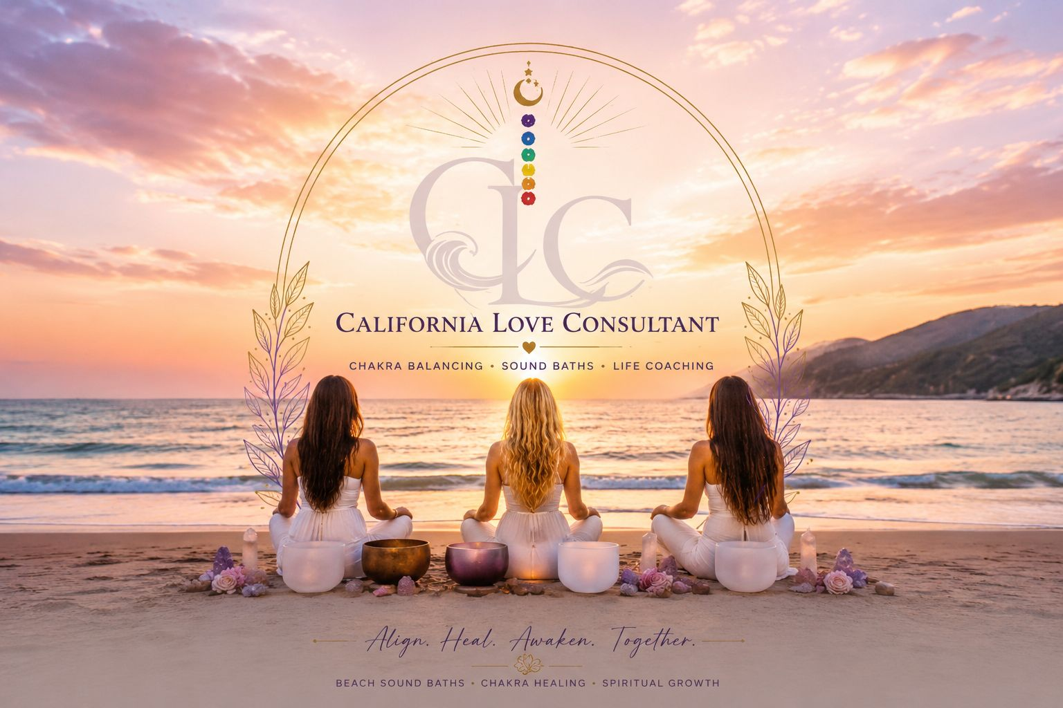 Three women meditating on a beach at sunset with crystal singing bowls, representing California Love Consultant chakra balancing, sound baths, and life coaching