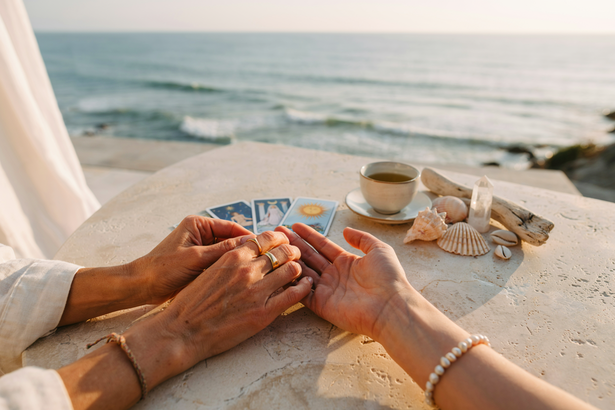 Two hands open over a sunlit stone table by the ocean with tarot cards, seashells, and tea, representing intuitive palm and tarot reading.