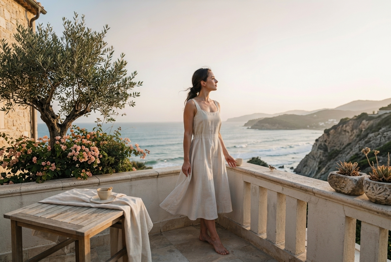 A woman in a flowing cream dress standing on a terrace overlooking the ocean at sunset, representing emotional healing and renewal.