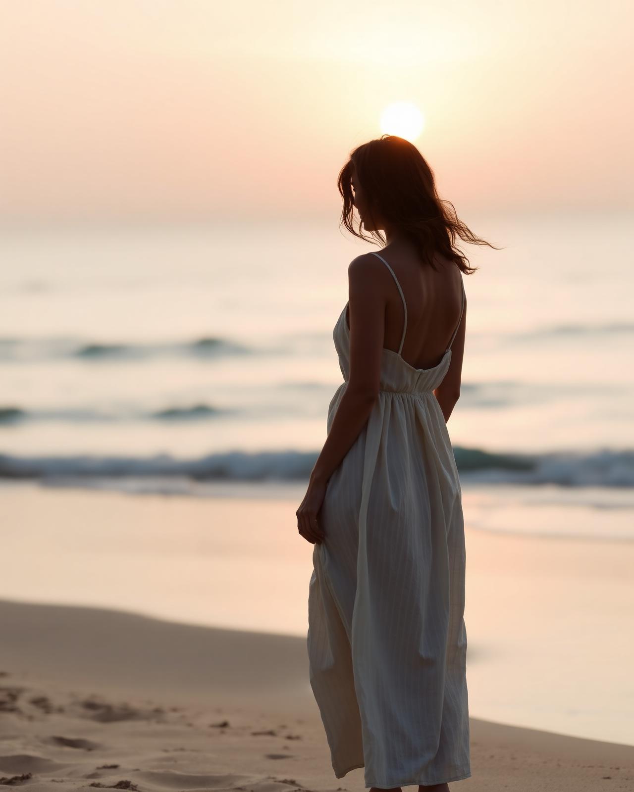 Woman in a flowing white dress on a beach at sunset, representing intensive healing support.